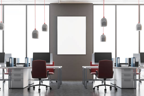 istock Dark gray office interior, red chairs, poster 909069912