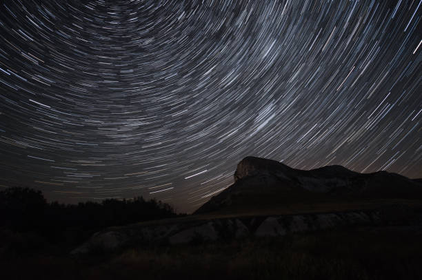 istock Beautiful star trails time-lapse over the hills. 909070404