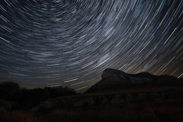 istock Beautiful star trails time-lapse over the hills. 909070414