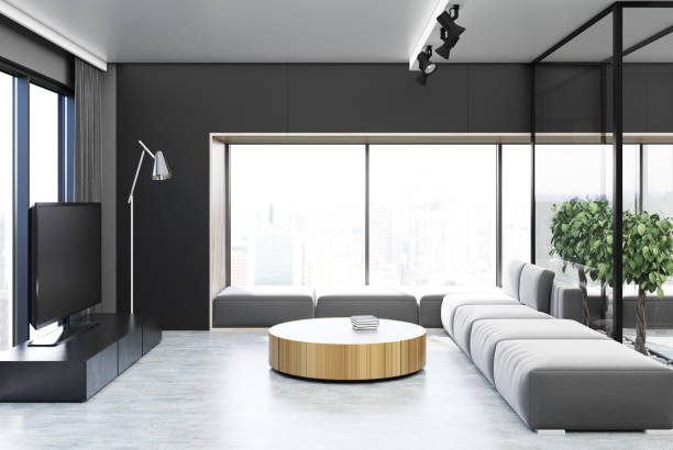 istock Black living room, round table 909074738