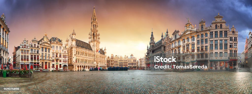 Brussels - panorama of Grand place at sunrise, Belgium Brussels-Capital Region Stock Photo