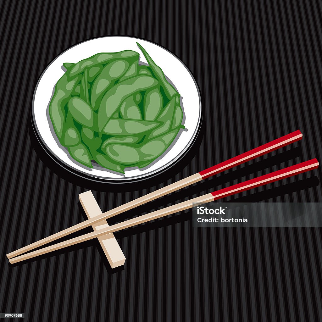 Зелёный соевый боб и палочки для еды - Стоковые иллюстрации Азия роялти-фри
