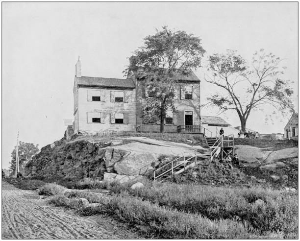 illustrazioni stock, clip art, cartoni animati e icone di tendenza di fotografia antica dei siti famosi del mondo: edgar allan poe house, long island - long island 19th century style usa north america