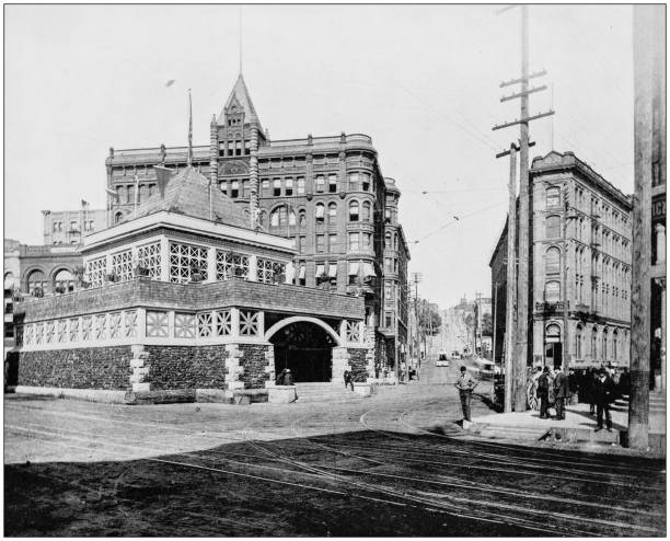 ilustrações, clipart, desenhos animados e ícones de fotografia antiga de locais famosos do mundo: james street, seattle, washington - 1900 century