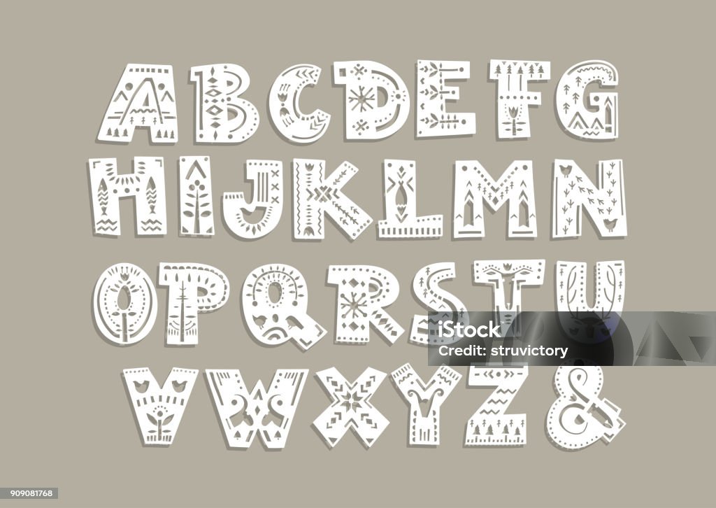 Cut out letters with scandinavian patterns for a laser cutting template of paper and vinyl. Vector capital alphabet. Cut out letters with scandinavian patterns for a laser cutting template of paper and vinyl. For monograms, initials. Animal stock vector