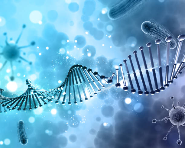 istock 3D medical background with DNA strand and virus cells 909084802