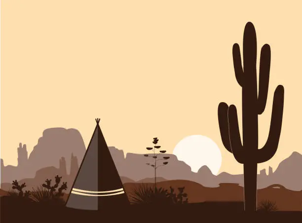 Vector illustration of Indian wigwam silhouette with saguaro cacti, son , and mountains. American landscape with tribal tents