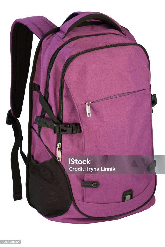 Purple, violet backpack isolated over white background Purple, violet backpack isolated over white background. Backpack Stock Photo