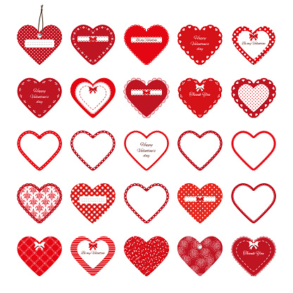 Valentines day stickers. Decorative cut out red hearts set isolated on white.