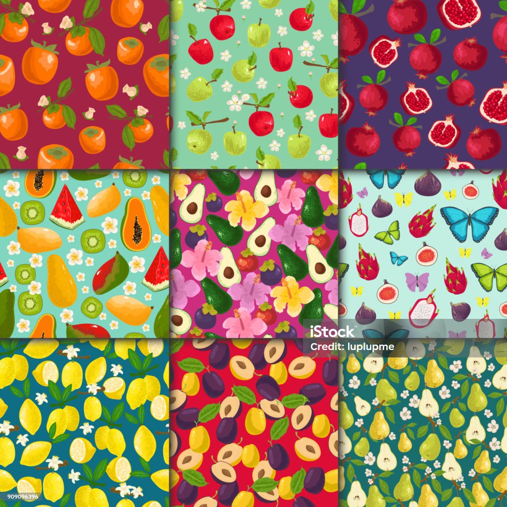 Fruit pattern seamless vector fruity background and fruitful exotic wallpaper with fresh slices of watermelon lemon apples and tropical fruits illustration set Fruit pattern seamless vector fruity background and fruitful exotic wallpaper with fresh slices of watermelon lemon apples and tropical fruits illustration set. Backgrounds stock vector