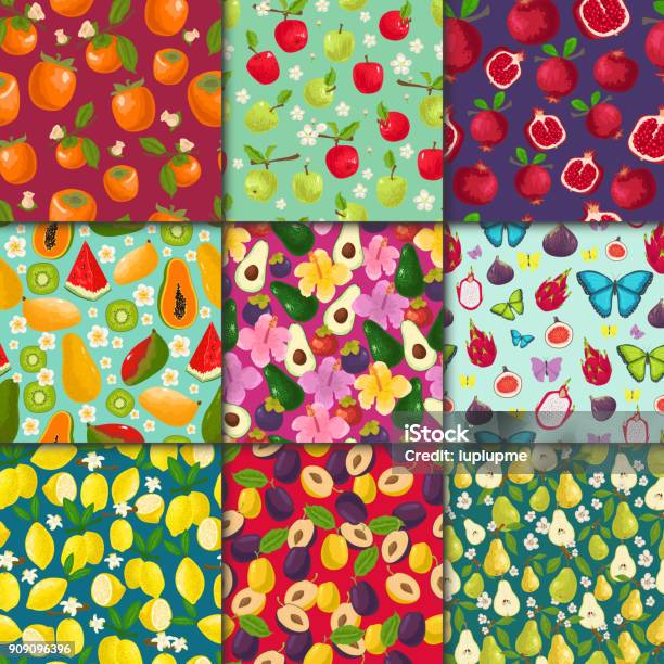Fruit Pattern Seamless Vector Fruity Background And Fruitful Exotic Wallpaper With Fresh Slices Of Watermelon Lemon Apples And Tropical Fruits Illustration Set Stock Illustration - Download Image Now