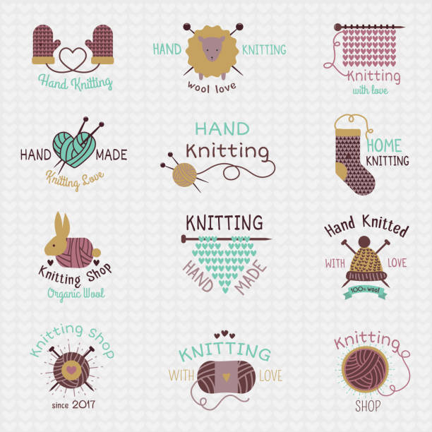 ilustrações, clipart, desenhos animados e ícones de malhas de lã agulhas de tricô logotipo vetorial ou de malha de lã meias logotipo crochã lanoso materiais e handknitting ilustração isolado no fundo branco - knitting sweater crochet wool