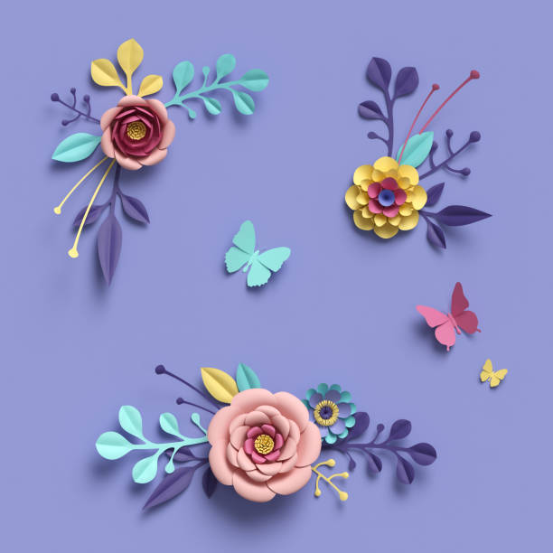 istock 3d rendering, abstract papercraft floral isolated elements, botanical background, paper flowers, candy pastel colors, bright hue palette 909097292