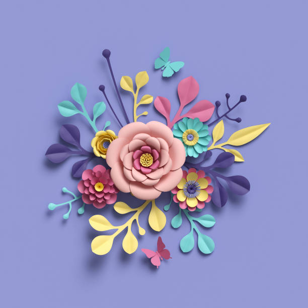 istock 3d rendering, abstract round floral bouquet, botanical background, bridal paper flowers, pattern,  papercraft, candy pastel colors, bright hue palette 909097550