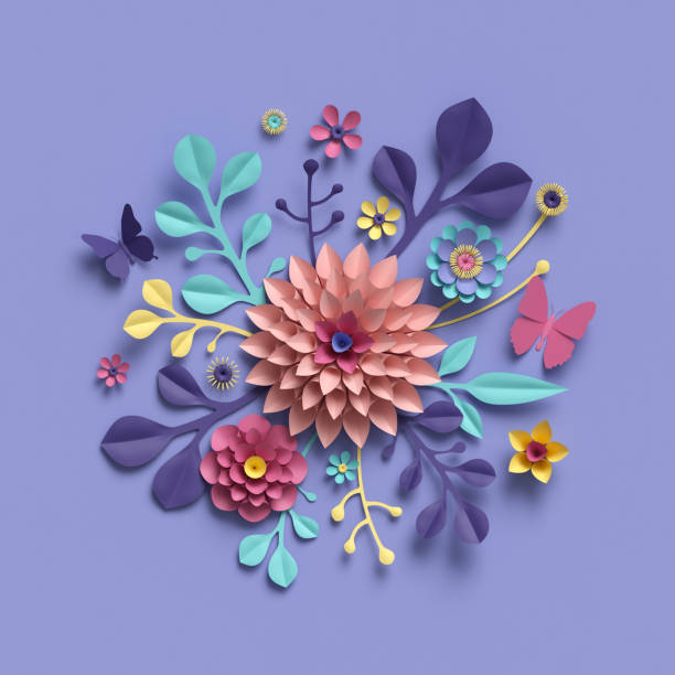 istock 3d rendering, abstract floral background, paper flowers, botanical pattern, bridal round bouquet, papercraft, candy pastel colors, bright hue palette 909097610