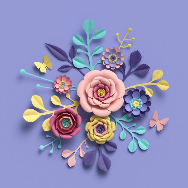 istock 3d rendering, abstract floral background, paper flowers, botanical pattern, bridal round bouquet, papercraft, candy pastel colors, bright hue palette 909097680