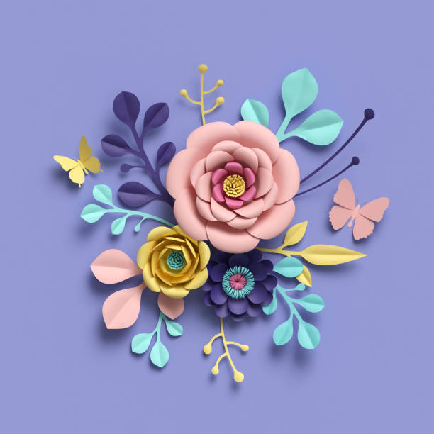 istock 3d rendering, abstract floral background, paper flowers, botanical pattern, bridal round bouquet, papercraft, candy pastel colors, bright hue palette 909097828