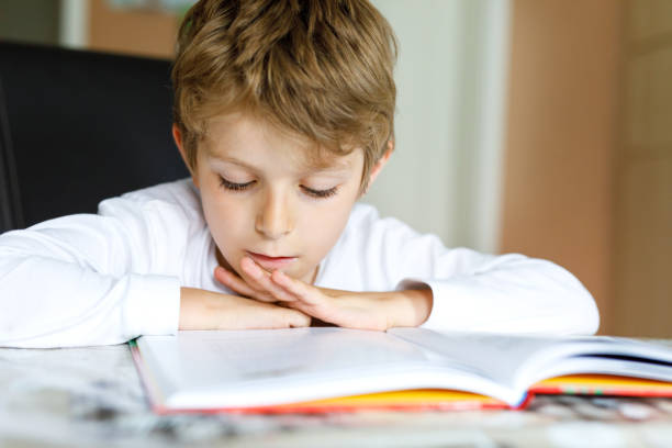istock Little blonde school kid boy reading a book at home 909098414