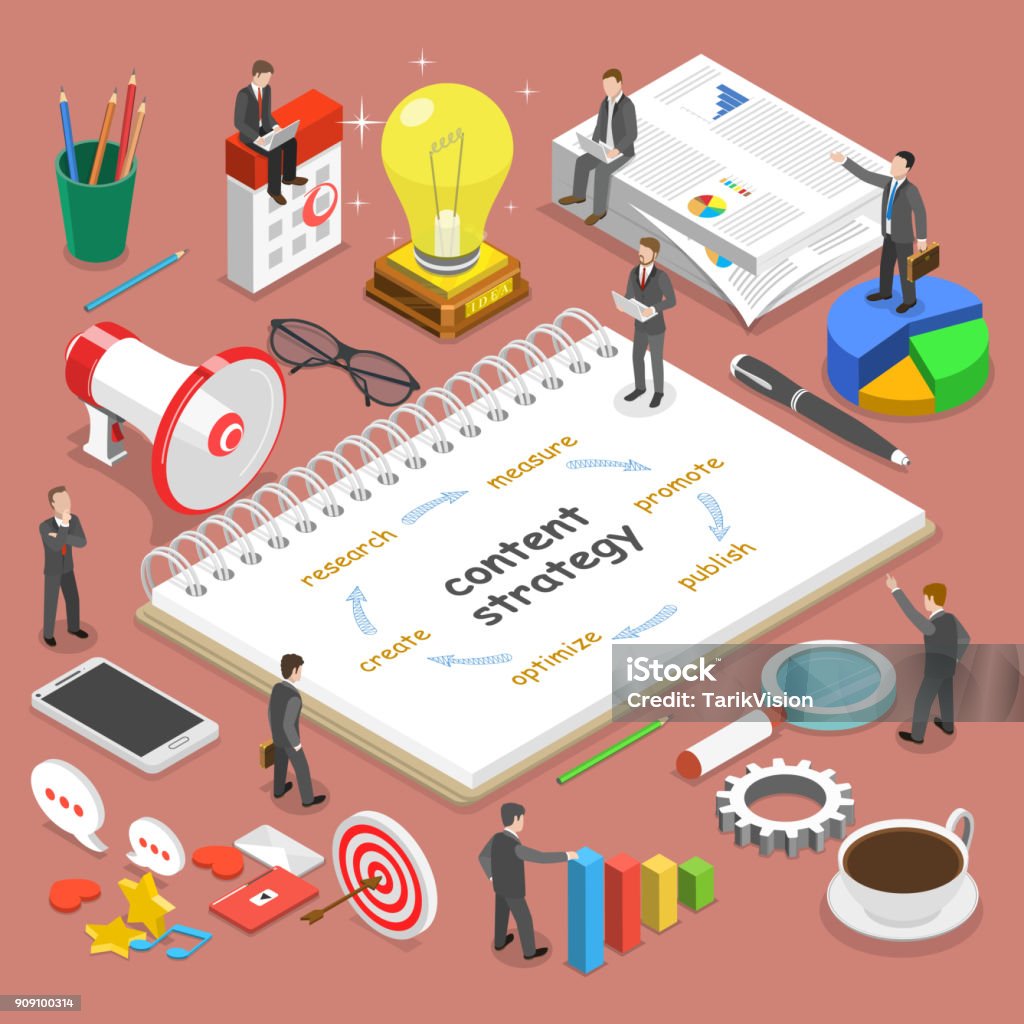 Content strategy flat isometric vector concept. Content strategy flat isometric vector concept. Businessmen, surrounded with some corresponding attributes, are discussing a project content strategy. Contented Emotion stock vector
