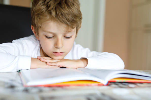 Little blonde school kid boy reading a book at home
