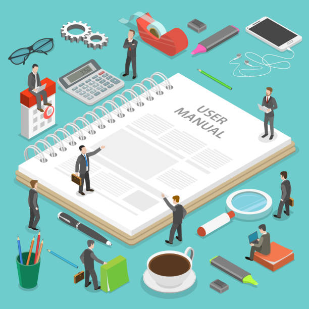 пользователь ручной плоский изометрический вектор концепции. - инструкция по эксплуатации stock illustrations