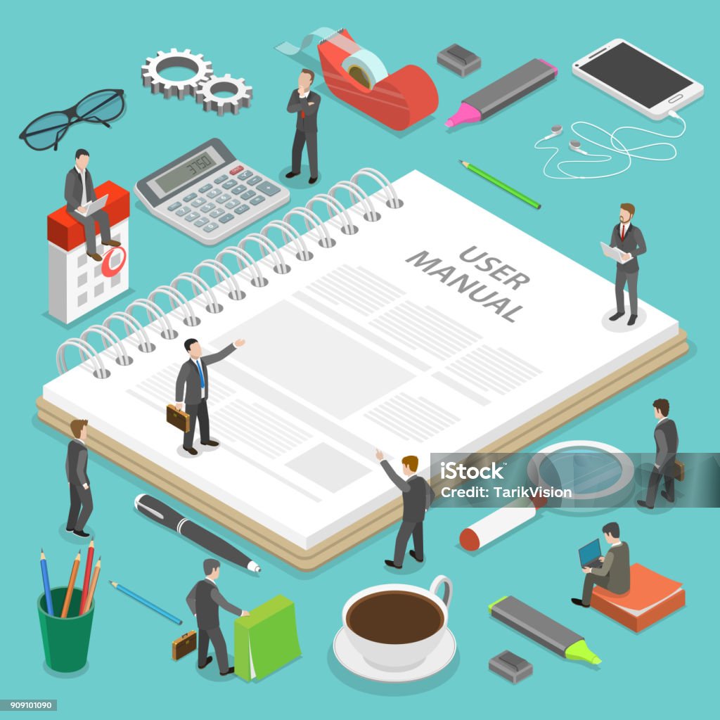 User manual flat isometric vector concept. User manual flat isometric vector concept. People, surrounded with some office stuff, are discussing a content of the guide book. Instruction Manual stock vector