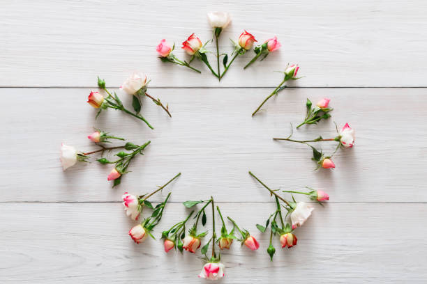 istock Valentine day background, flowers circle on white wood 909101244