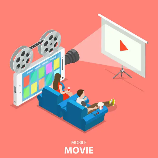 Vector illustration of Mobile movie flat isometric vector concept.