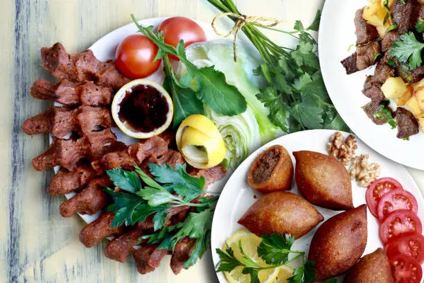 Photo of fried liver cubes, Kibbeh and cigkofte