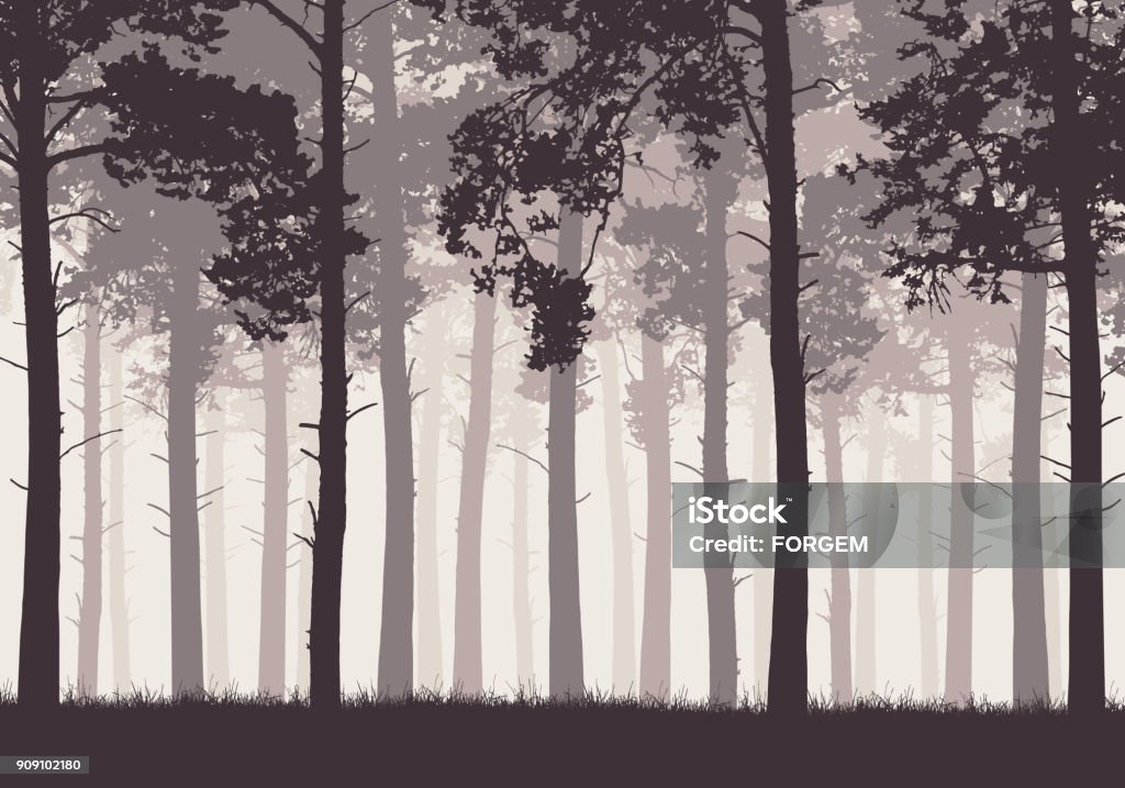 Kiefernwald mit Baumstämmen und Ästen in Retro-Farben - Vektor - Lizenzfrei Kontur Vektorgrafik