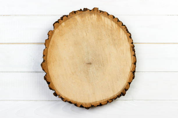 istock Tree stump round cut with annual rings on wooden background. top view with copy space 909102608