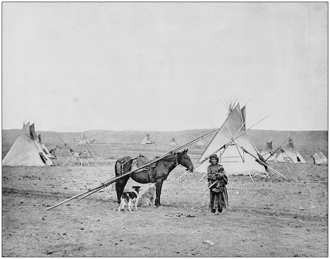 Antique photograph of World's famous sites: Indian pony and camp, Alberta, Canada