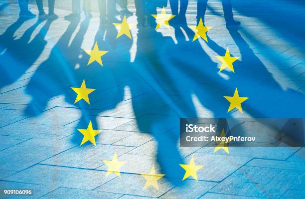 Eu Flag And Shadows Of People Concept Picture Stock Photo - Download Image Now - Europe, European Union, European Union Flag