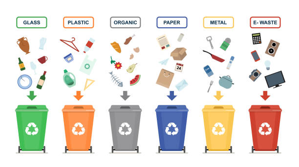 Garbage cans isolated on white background. Sorting garbage. Garbage cans isolated on white background. Ecology and recycle concept. Sorting garbage. Vector flat illustration. recycle symbol cut out stock illustrations