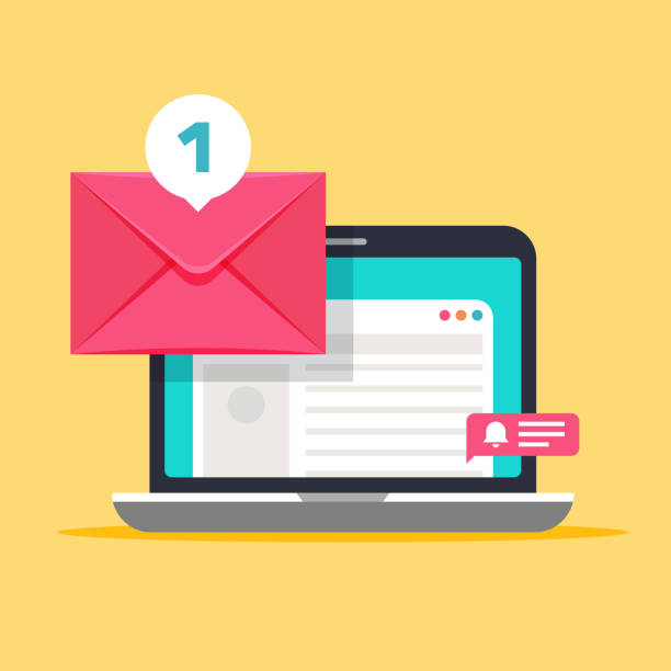 Message on computer screen. Mailing vector concept with envelope and laptop Message on computer screen. Mailing vector concept with envelope and laptop. Cartoon envelope mail message on laptop screen illustration electronic envelope stock illustrations