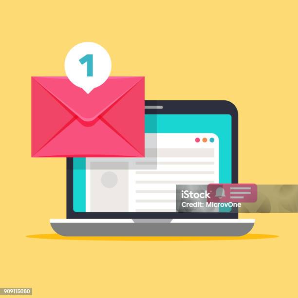 Message On Computer Screen Mailing Vector Concept With Envelope And Laptop Stock Illustration - Download Image Now