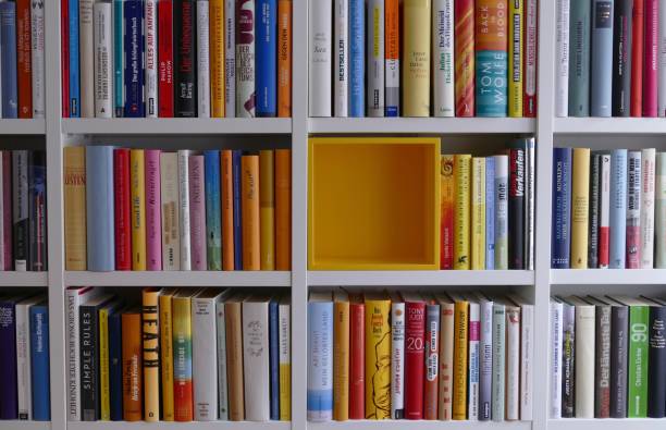 istock Filled books shelves and one yellow part empty 909115282