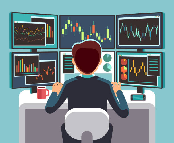 stock market trader blick auf mehrere bildschirme mit finanz- und markt-charts. business-analyse-vektor-konzept - betrachtung grafiken stock-grafiken, -clipart, -cartoons und -symbole
