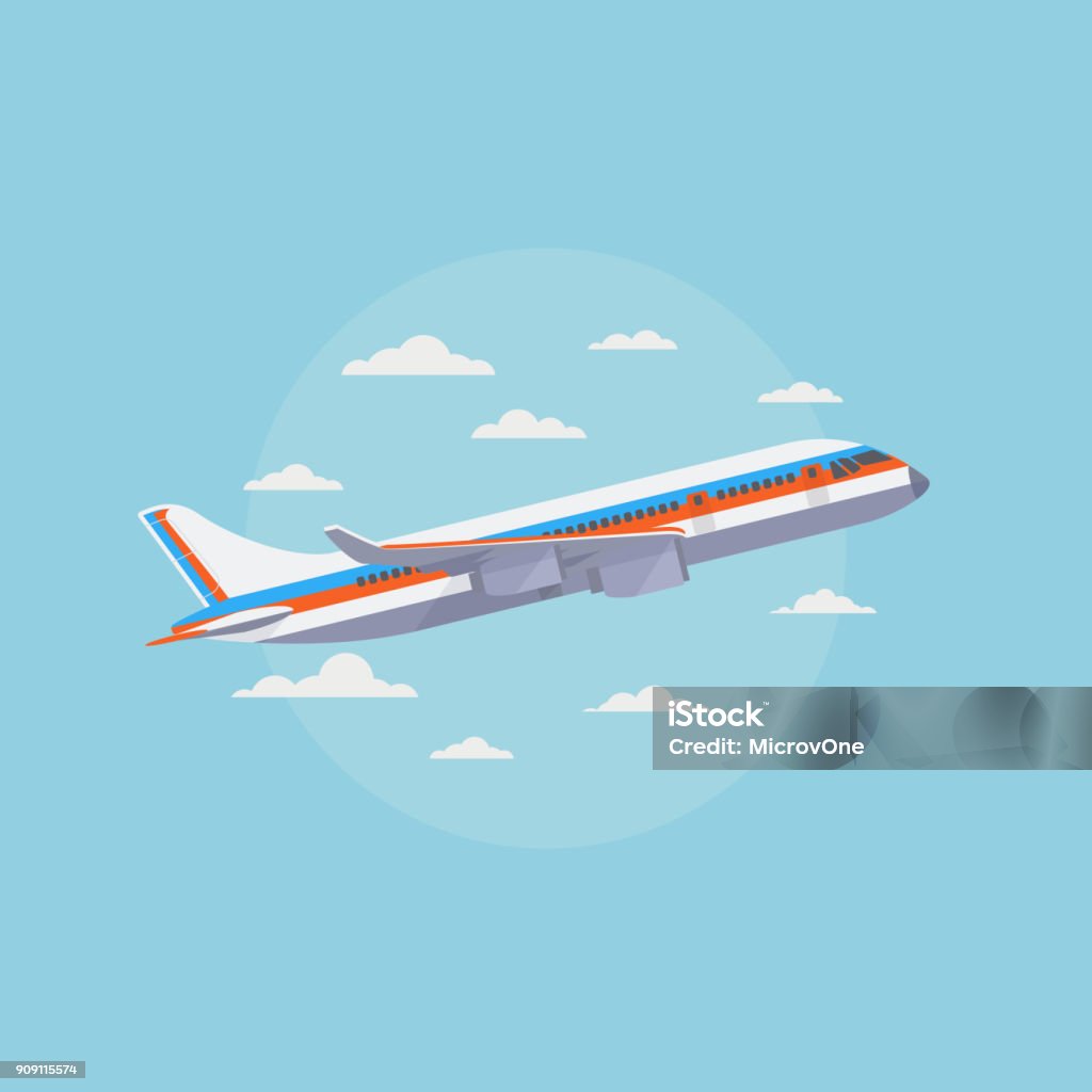 Airplane in blue sky with white clouds. Traveling and air freight vector concept Airplane in blue sky with white clouds. Traveling and air freight vector concept. Airplane transportation tourism, commercial plane illustration Airplane stock vector