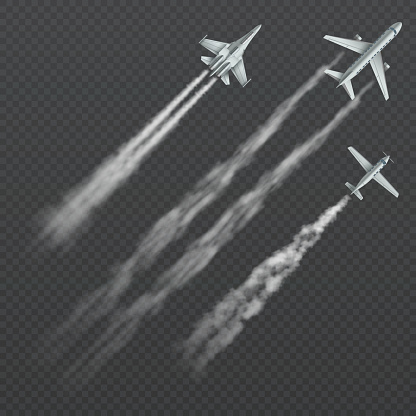 Airplanes and military fighters with condensation smoky trail isolated vector collection. Aviation aircraft flight, fighter in sky illustration