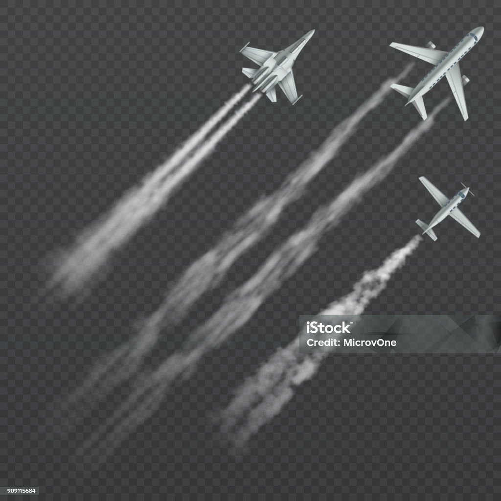 Airplanes and military fighters with condensation smoky trail isolated vector collection Airplanes and military fighters with condensation smoky trail isolated vector collection. Aviation aircraft flight, fighter in sky illustration Commercial Airplane stock vector