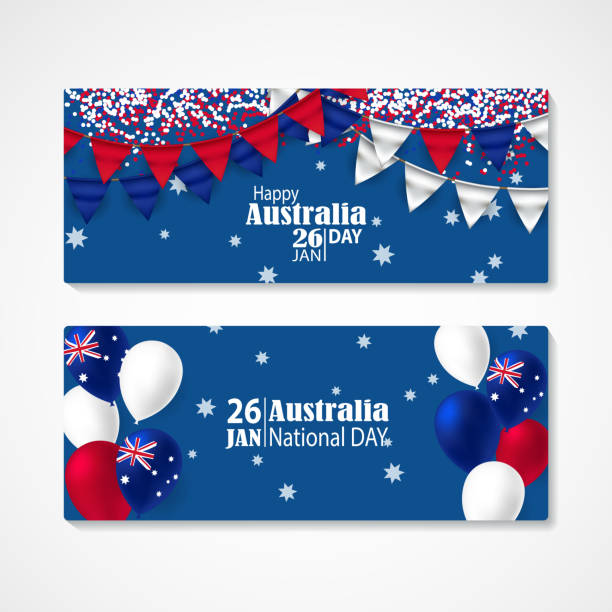 ilustrações de stock, clip art, desenhos animados e ícones de happy australia day celebration poster or banner background set. - australia australia day celebration flag