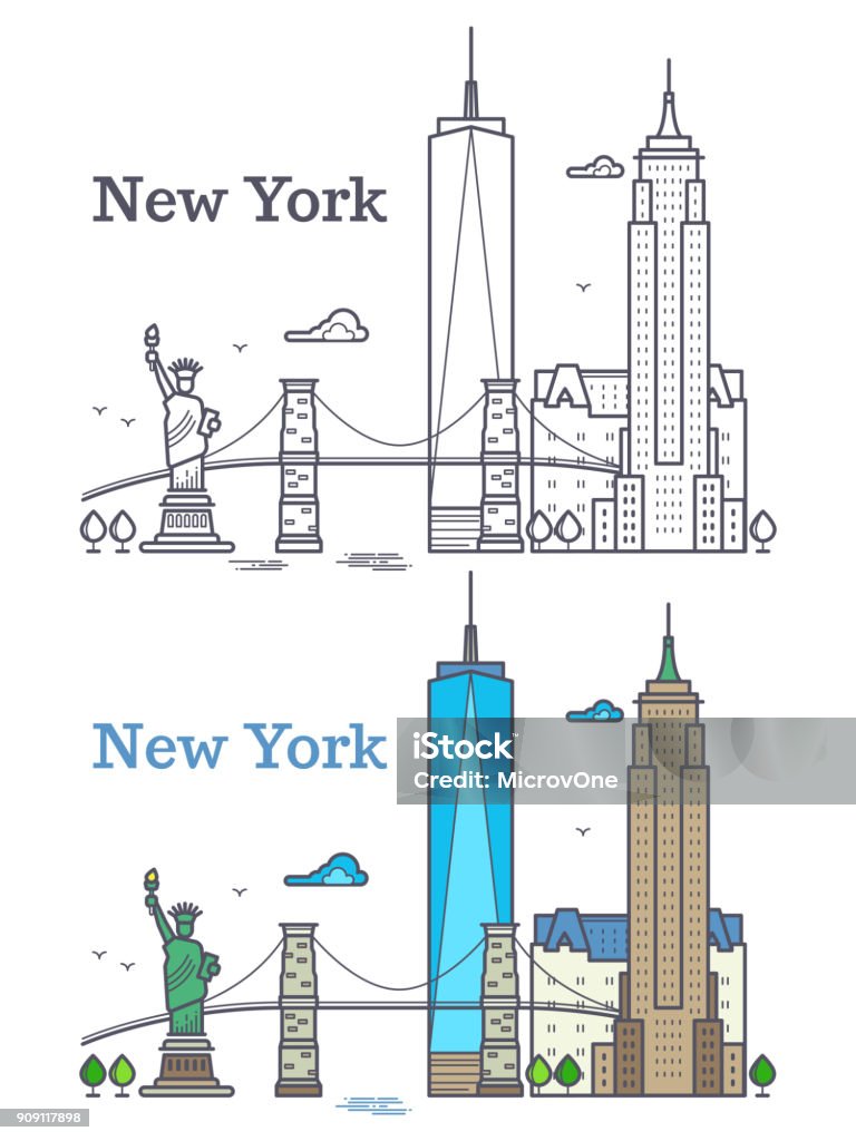 New York city outline skyline, nyc line silhouette, usa tourist and travel concept New York city outline skyline, nyc line silhouette, usa tourist and travel concept. Nyc building architecture illustration Line Art stock vector