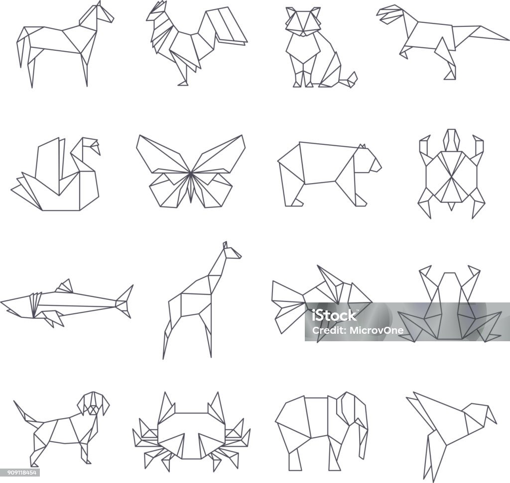 Japanese origami paper animals vector line icons Japanese origami paper animals vector line icons. Set of origami animal shape geometric illustration Animal stock vector