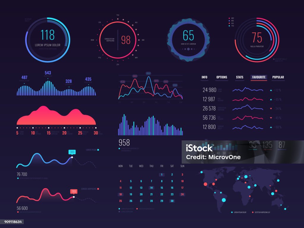 Interface de vetor de hud tecnologia inteligente. Tela de dados de gerenciamento de rede com gráficos e diagramas - Vetor de Representação gráfica royalty-free