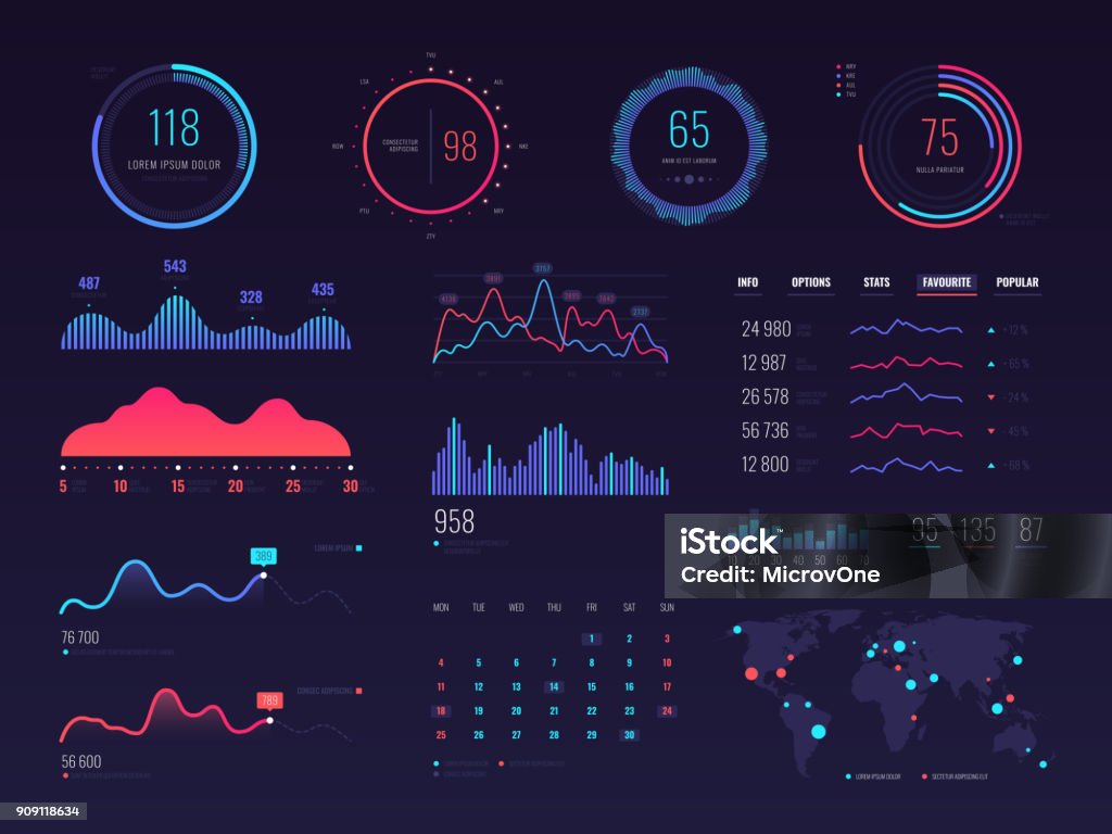 Intelligent technology hud vector interface. Network management data screen with charts and diagrams Intelligent technology hud vector interface. Network management data screen with charts and diagrams. Interface screen with colored infographic digital illustration Graph stock vector