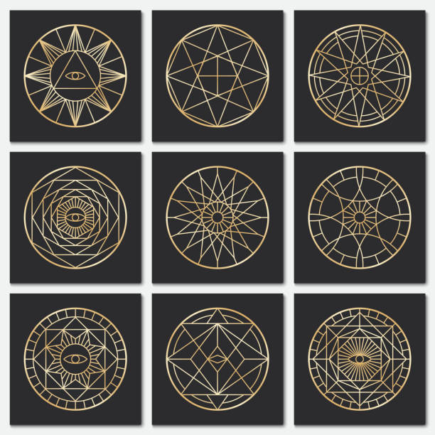 starożytne pentagramy masońskie. steampunk złote święte symbole wektorowe na ciemnym tle - ethereal spirituality concepts ancient stock illustrations