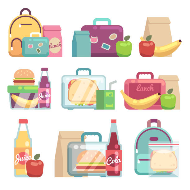 torby na przekąski szkolne. zdrowa żywność w pudełkach na lunch dla dzieci - school lunch obrazy stock illustrations