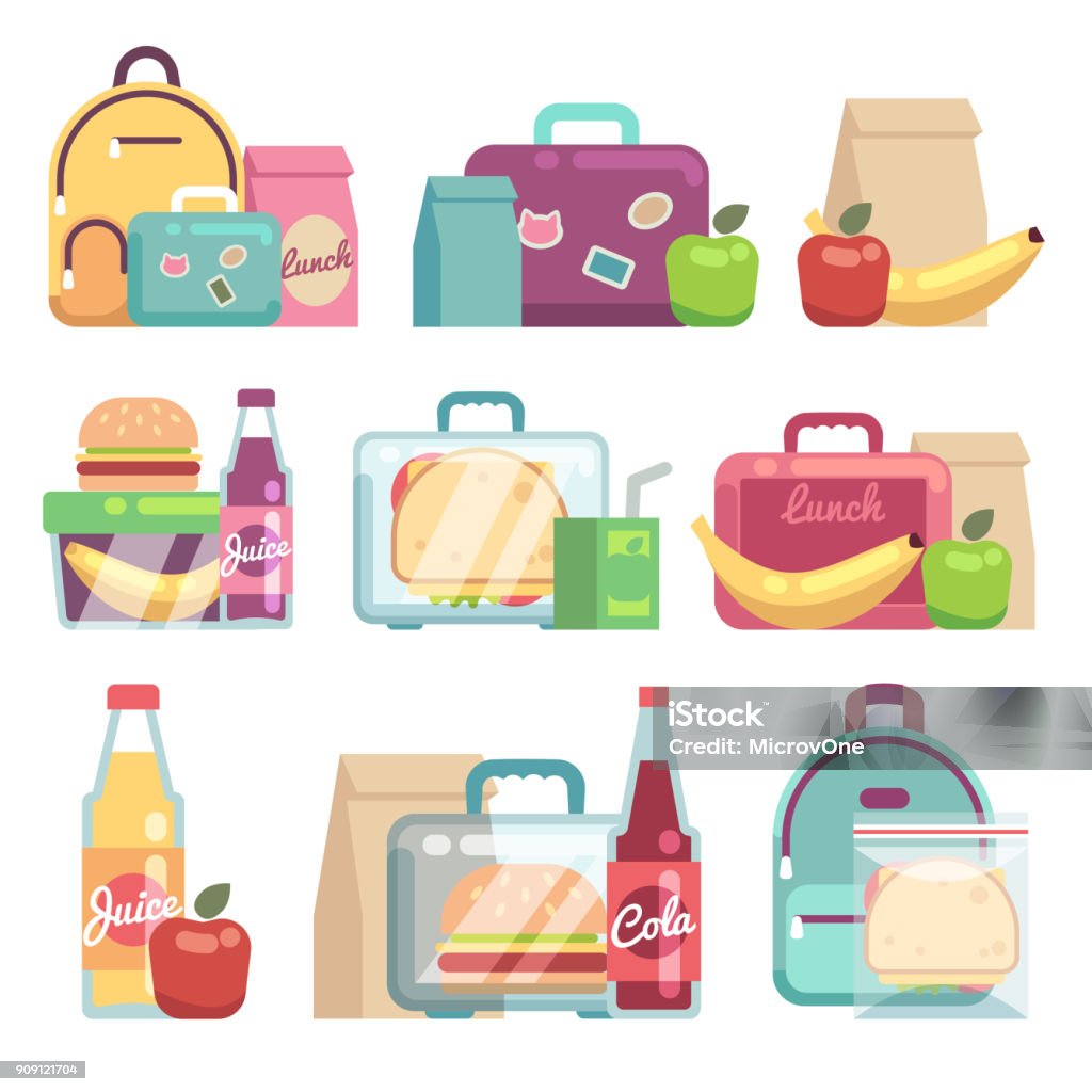 School snacks bags. Healthy food in kids lunch boxes vector set School snacks bags. Healthy food in kids lunch boxes vector set. Sandwich and snack in lunch box illustration Lunch Box stock vector