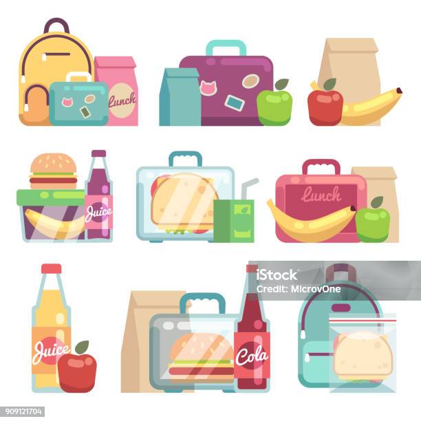 School Snacks Bags Healthy Food In Kids Lunch Boxes Vector Set Stock Illustration - Download Image Now